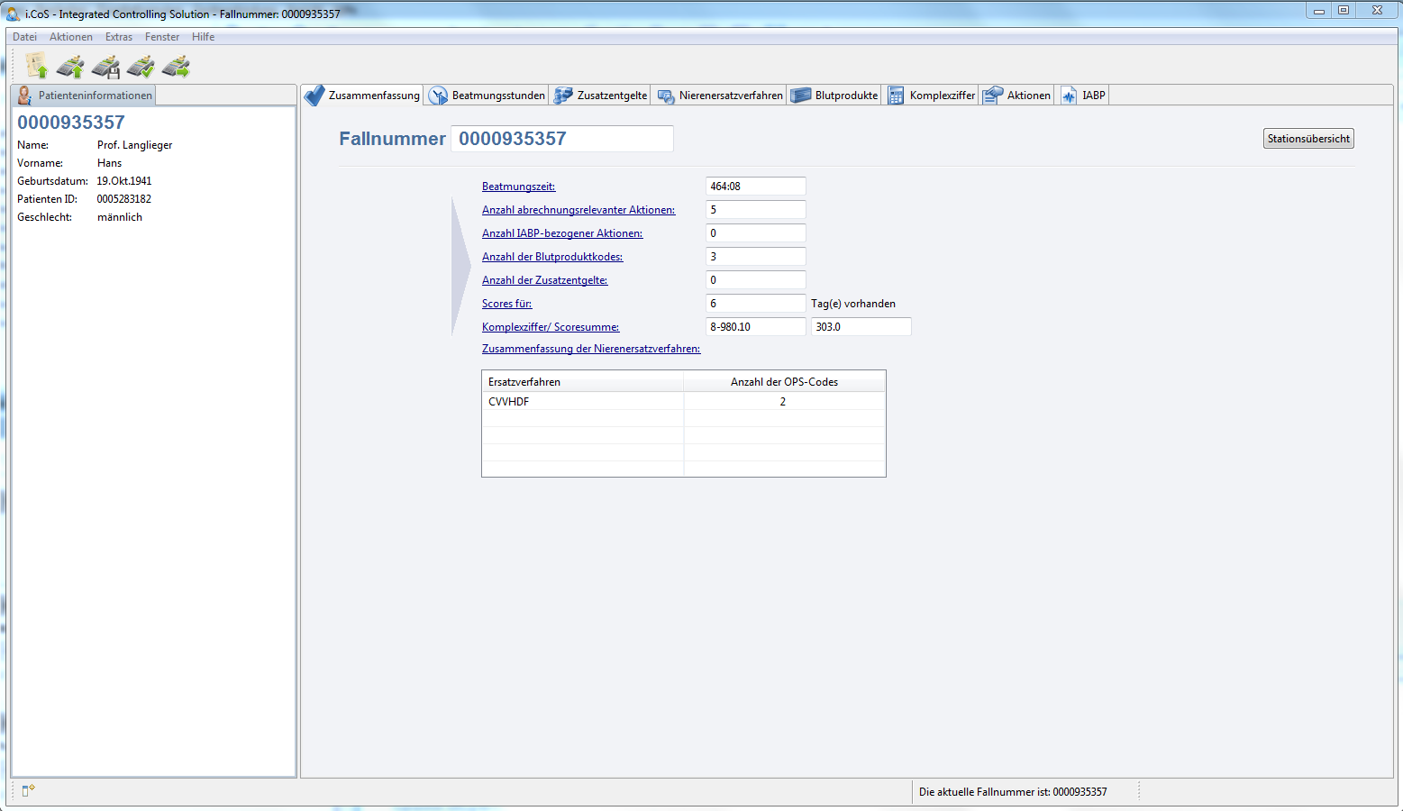 Übersicht erlösrelevante Daten im Fallkontext.