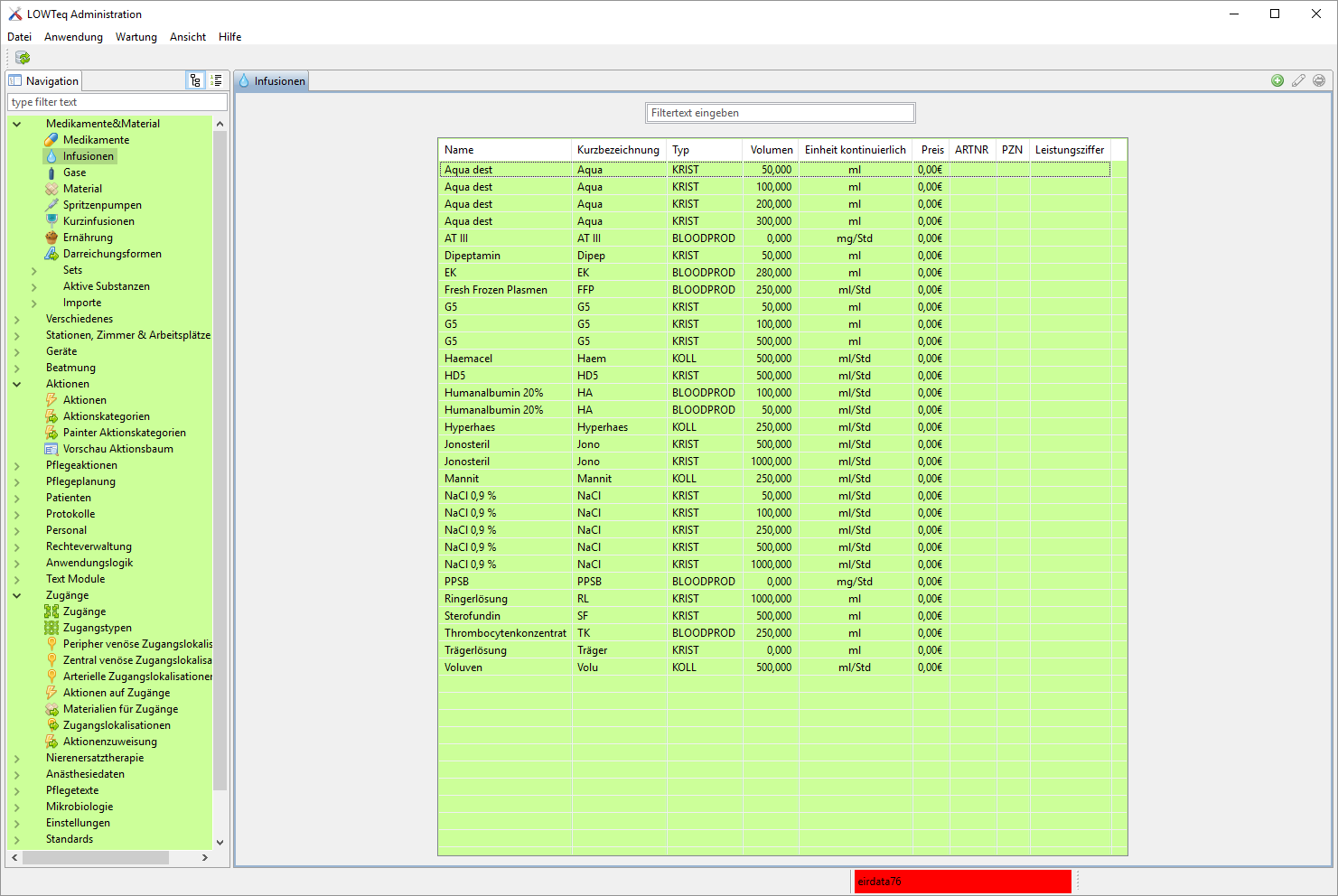 Liste der Infusionen mit einigen Parametern, wie Volumen und Typ