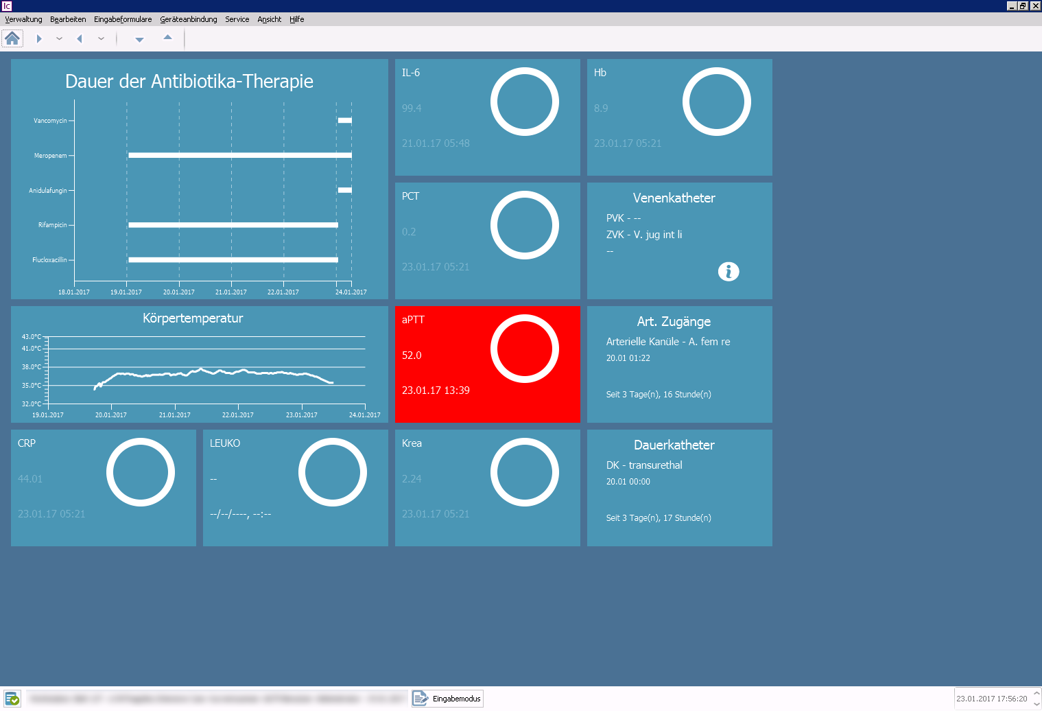 Übersichtsseite zu Infektionsparametern, antiinfektiver Therapie und aktuell liegenden Kathetern.