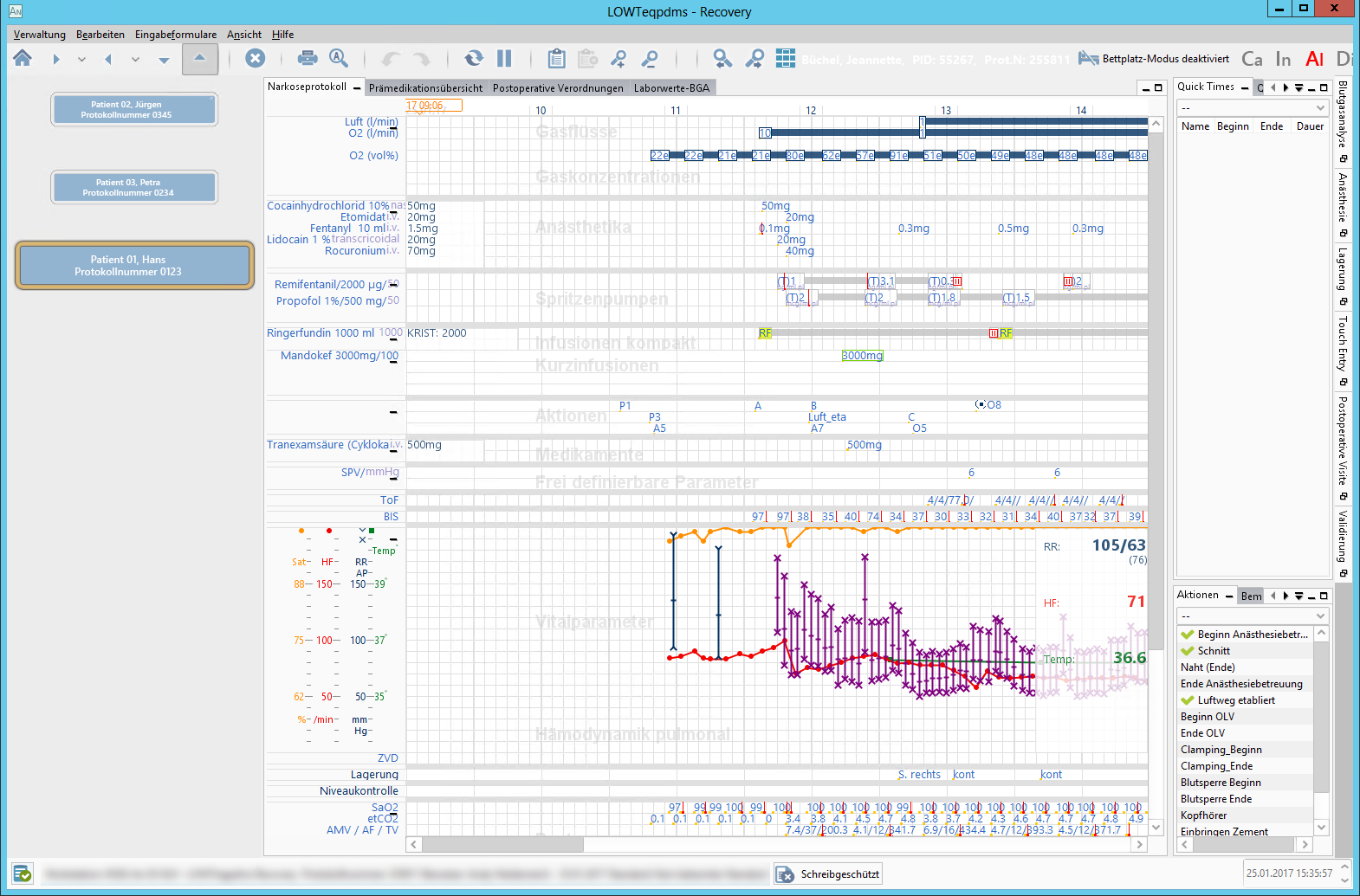 Darstellung mehrerer Narkoseprotokolle, die im Aufwachraum weitergeführt werden innerhalb einer Anwendung.
