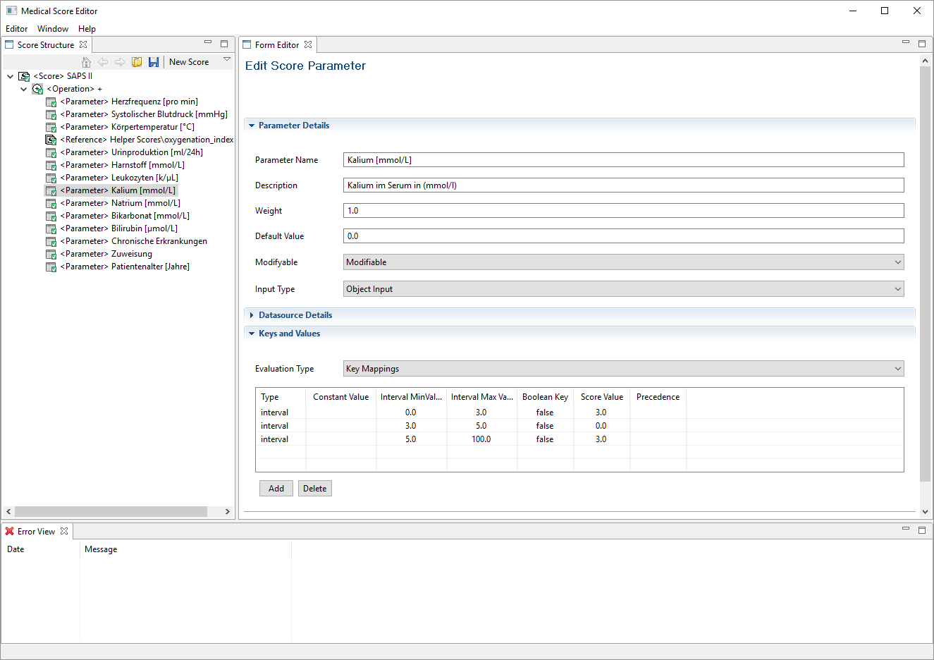 Anzeige des Score-Modells für den SAPS II-Score im Score-Editor