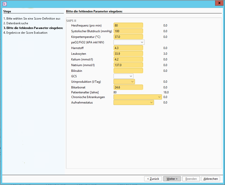 Score-Eingabe für den SAPS II-Score mit Anzeige vorausgefüllter Felder